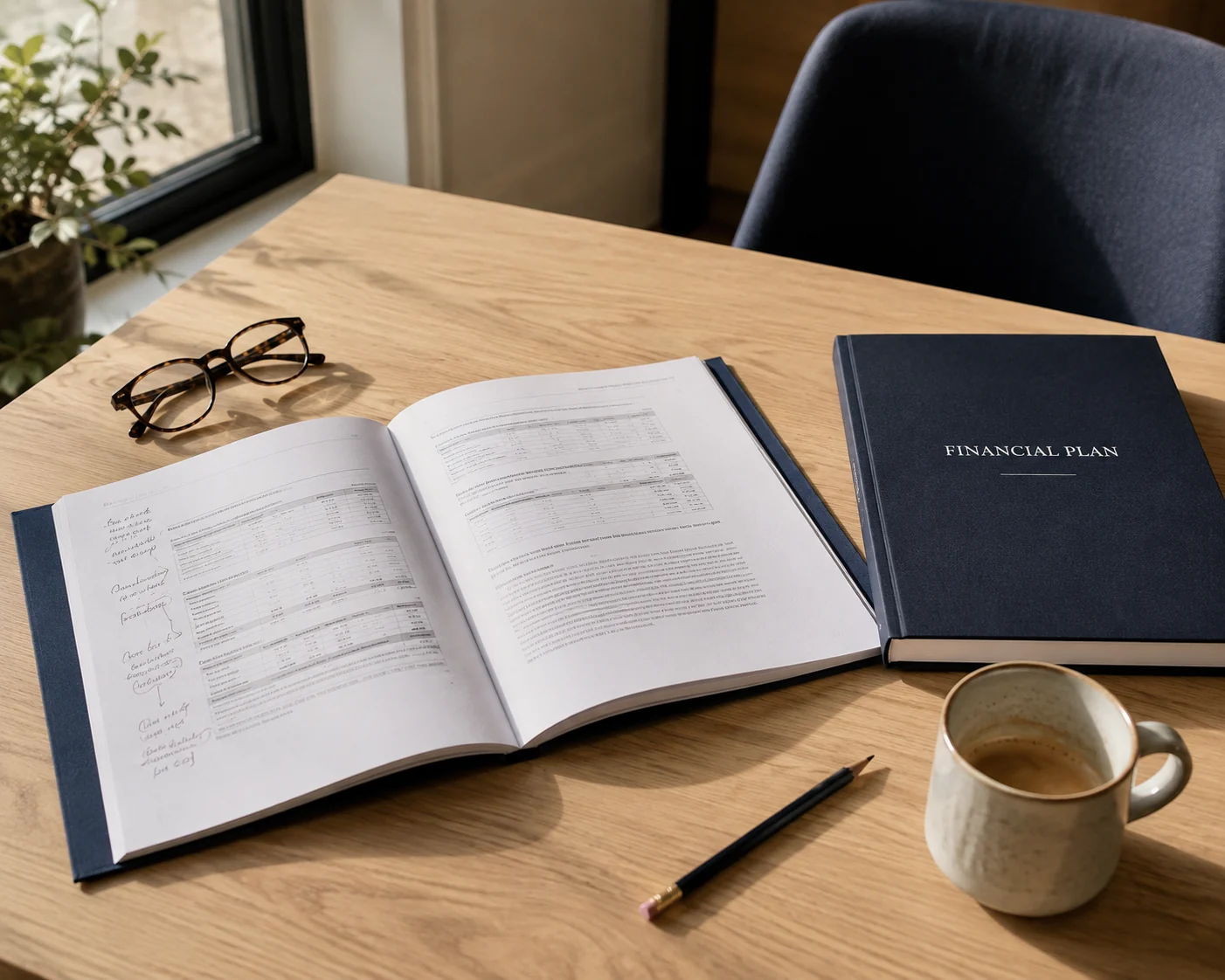 A printed financial plan open on a desk, annotated in the margin, beside a closed binder, reading glasses and a coffee