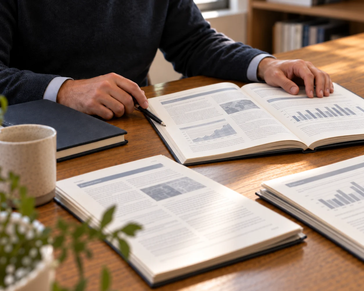 A person at a wooden table with several bound research reports open in front of them, a pen in one hand and charts across the pages