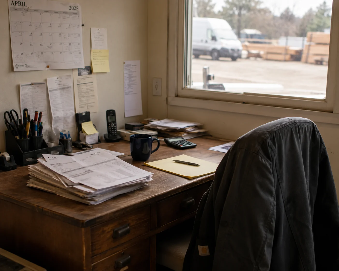 A small business owner&rsquo;s back office, work jacket on the chair and a window onto the yard
