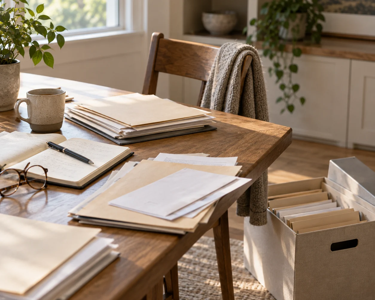 Stacks of opened and unopened mail on a dining table beside an open notebook, reading glasses and a mug, with a box of files on the floor
