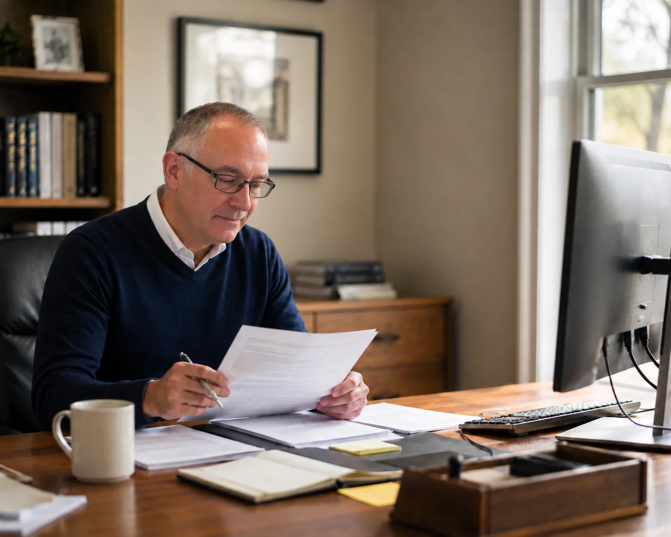 An advisor at a desk reading a document in morning light