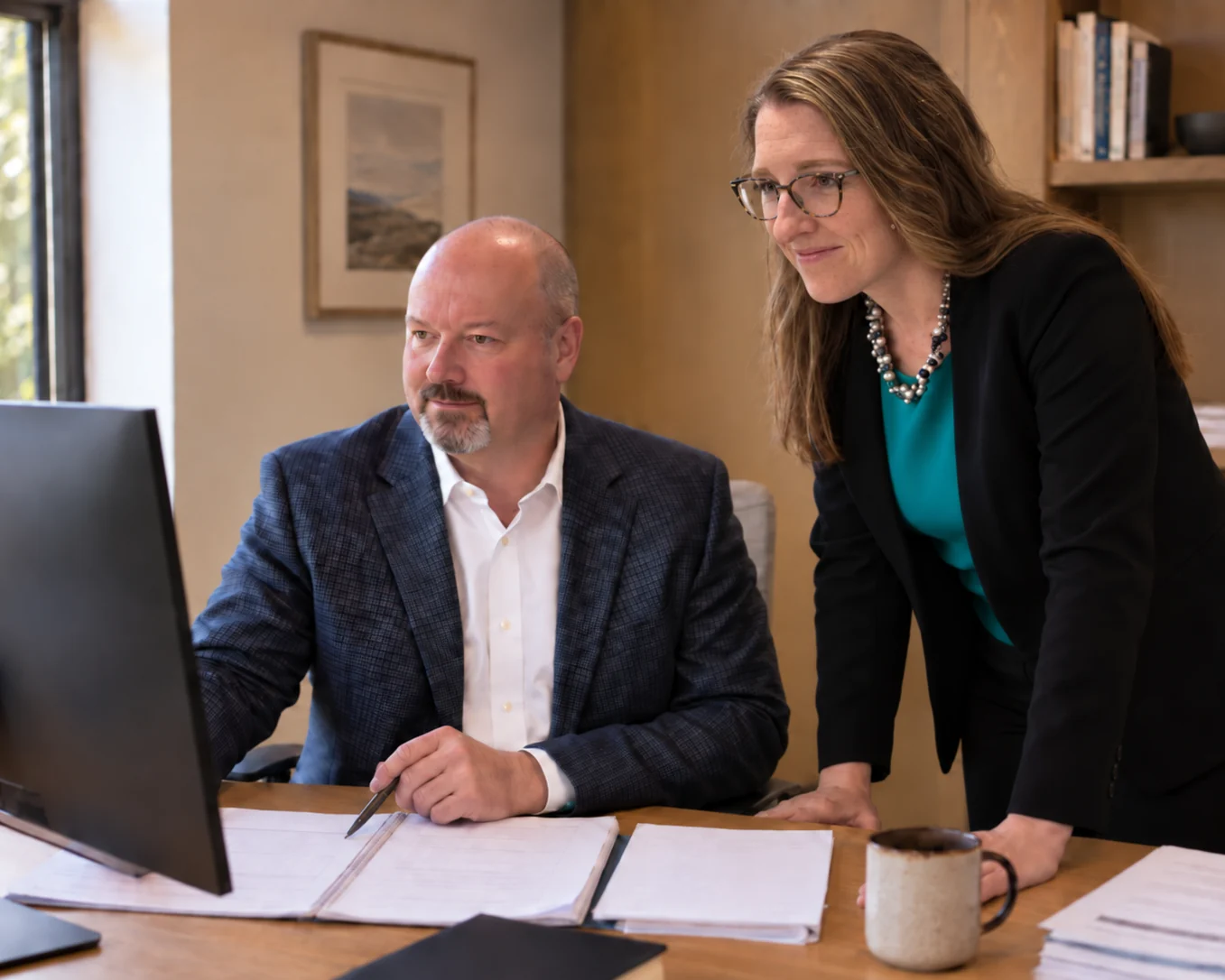 Two colleagues reviewing a printed analysis together at a monitor in a quiet office
