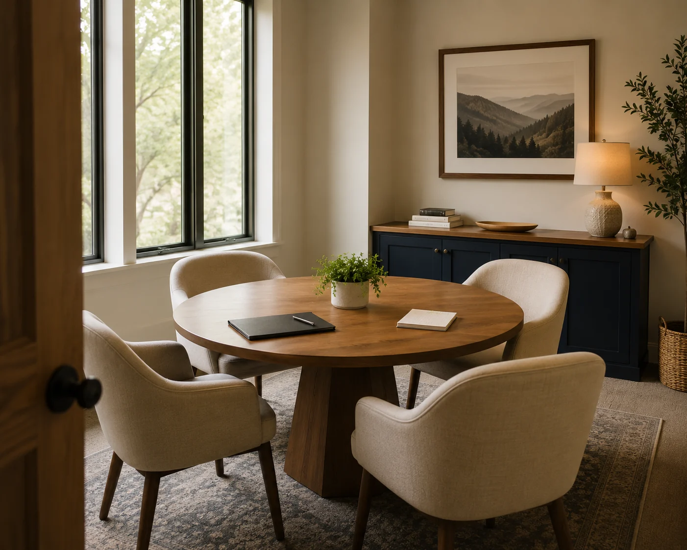 A small meeting room with a round table set for a review