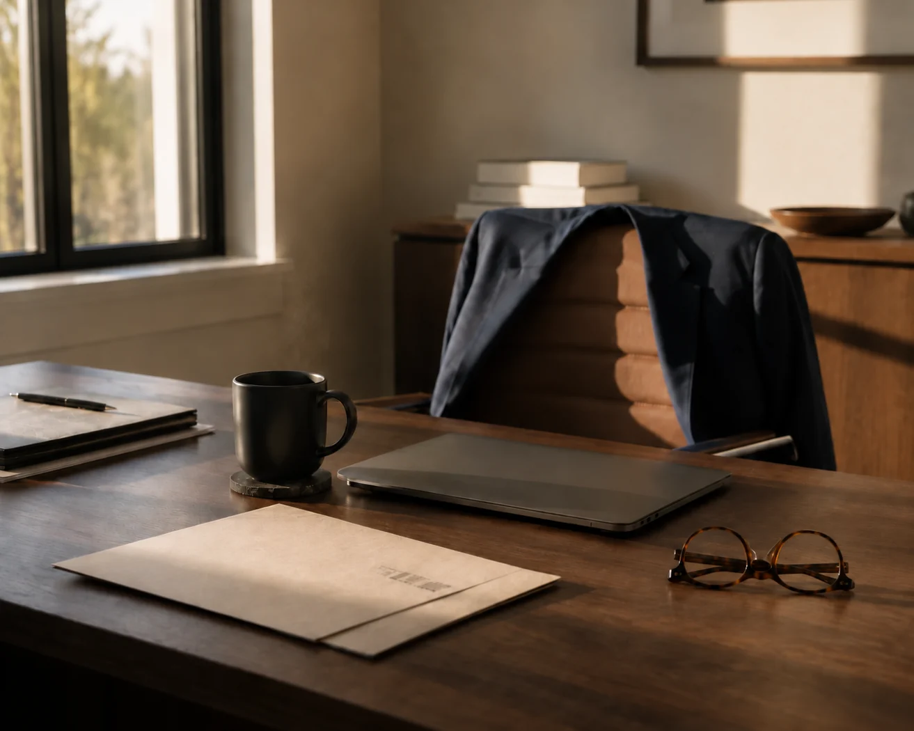 A desk with a laptop, reading glasses and a jacket over the chair back