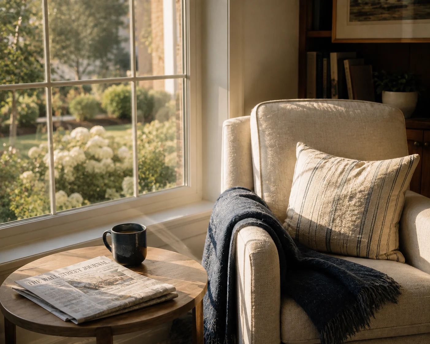An armchair beside a sunlit window, a newspaper and a mug on a side table