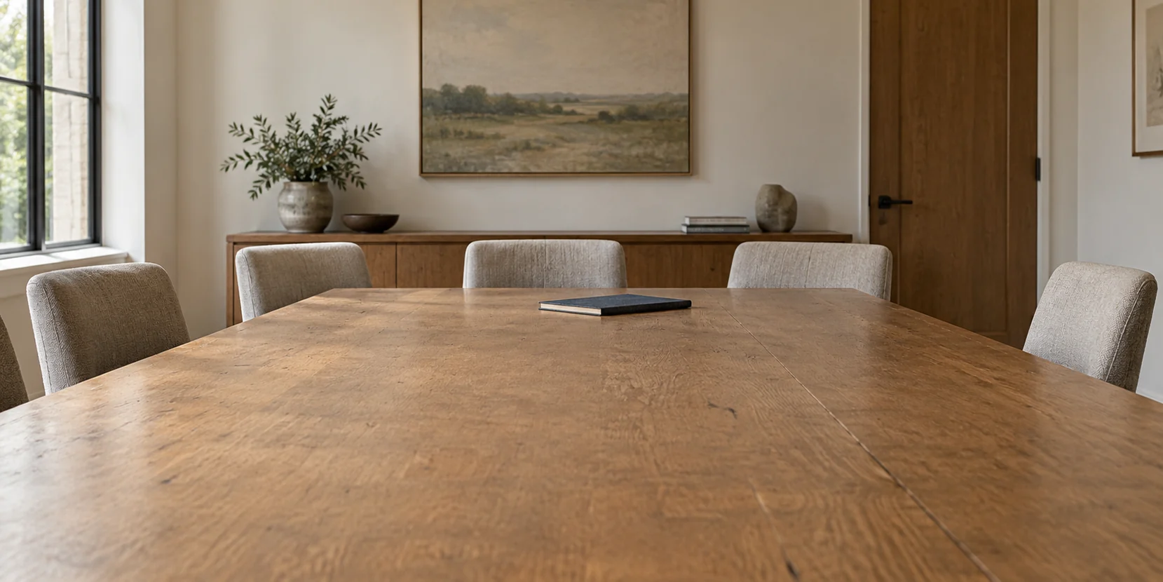 A long oak table with upholstered chairs drawn up around it, a single closed notebook at the center and a framed landscape on the wall behind