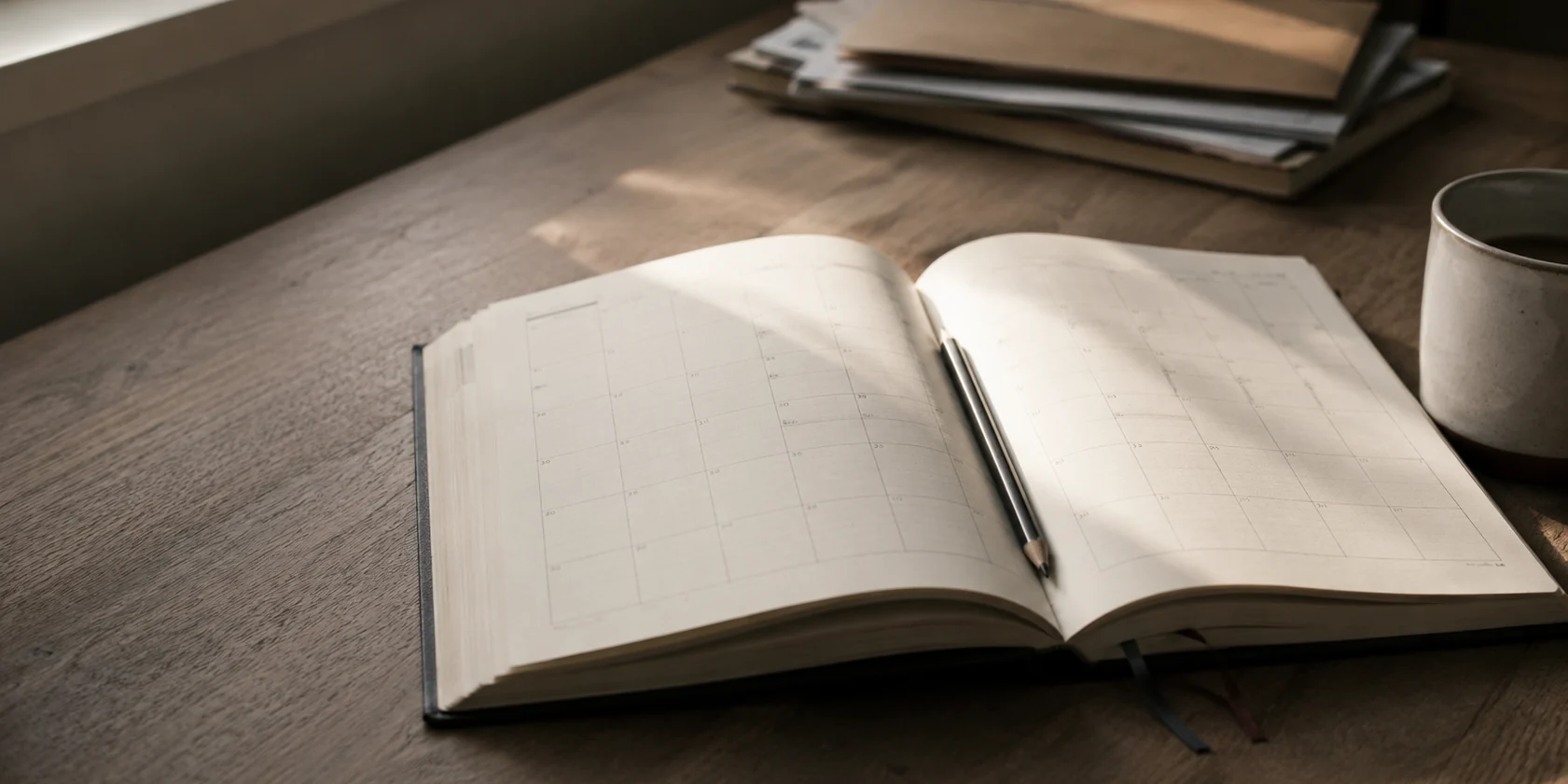 An open paper year planner showing six months with the same date circled in each, a pencil resting in the fold