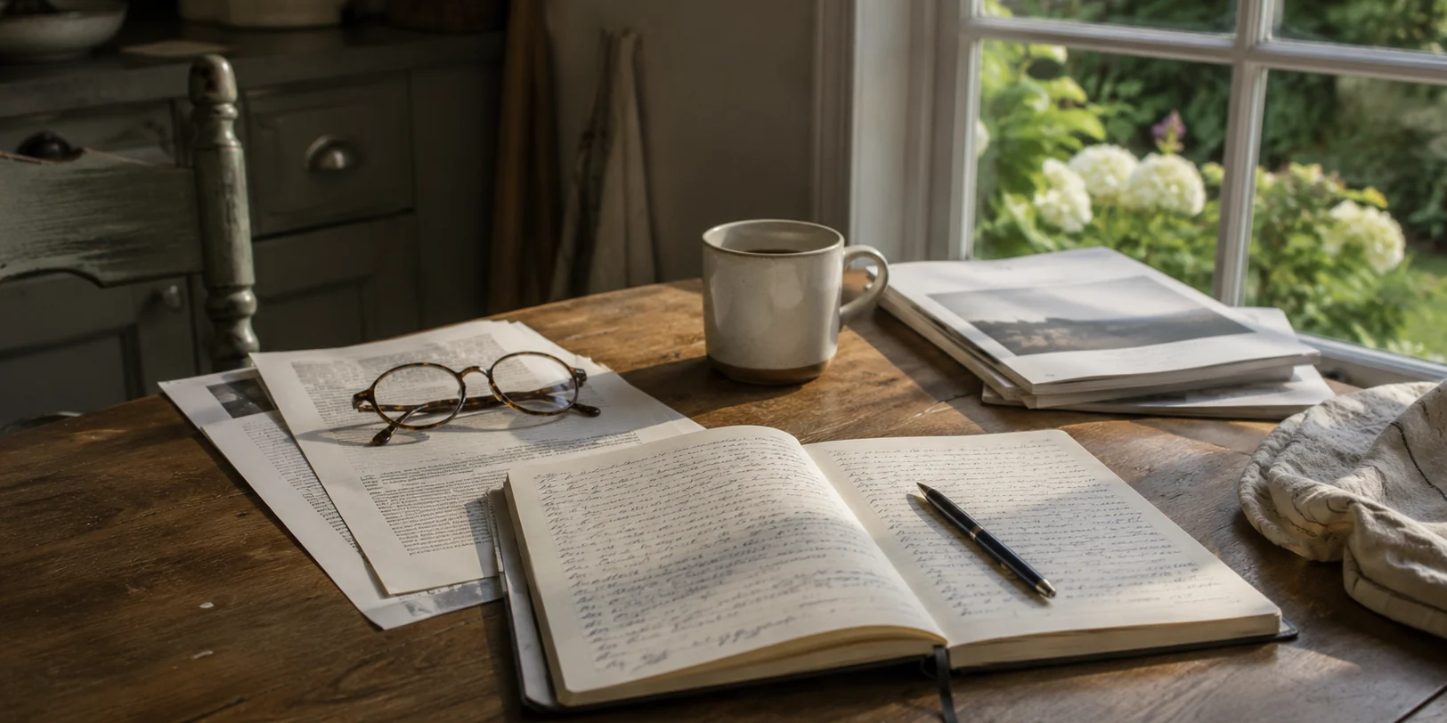 A kitchen table beside a garden window with an open notebook of handwritten notes, printed statements, reading glasses and a mug