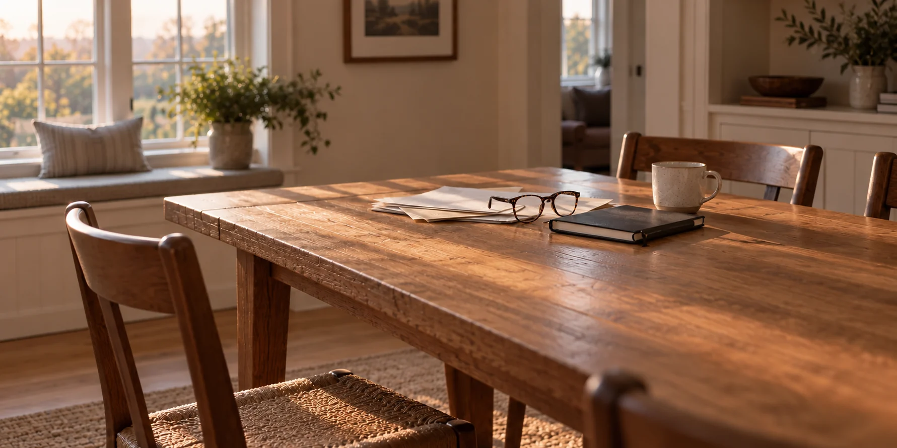 A wooden dining table in low afternoon light, an open newspaper, reading glasses and a closed notebook beside a mug