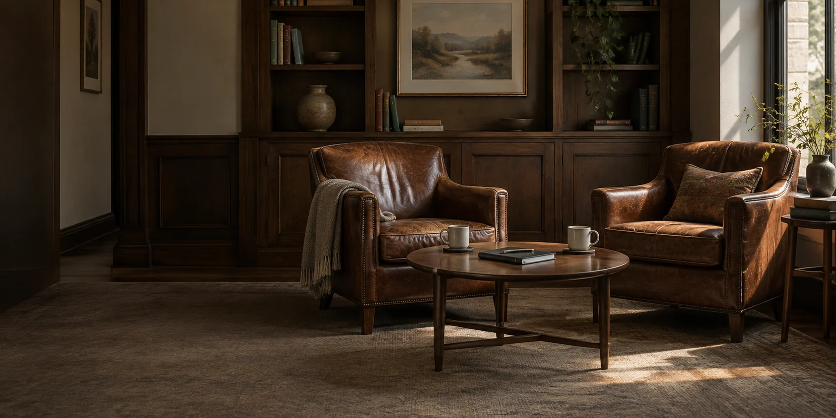 Two worn leather armchairs facing each other across a low round table in a panelled study, with bookshelves, a landscape painting, and afternoon light from a tall window