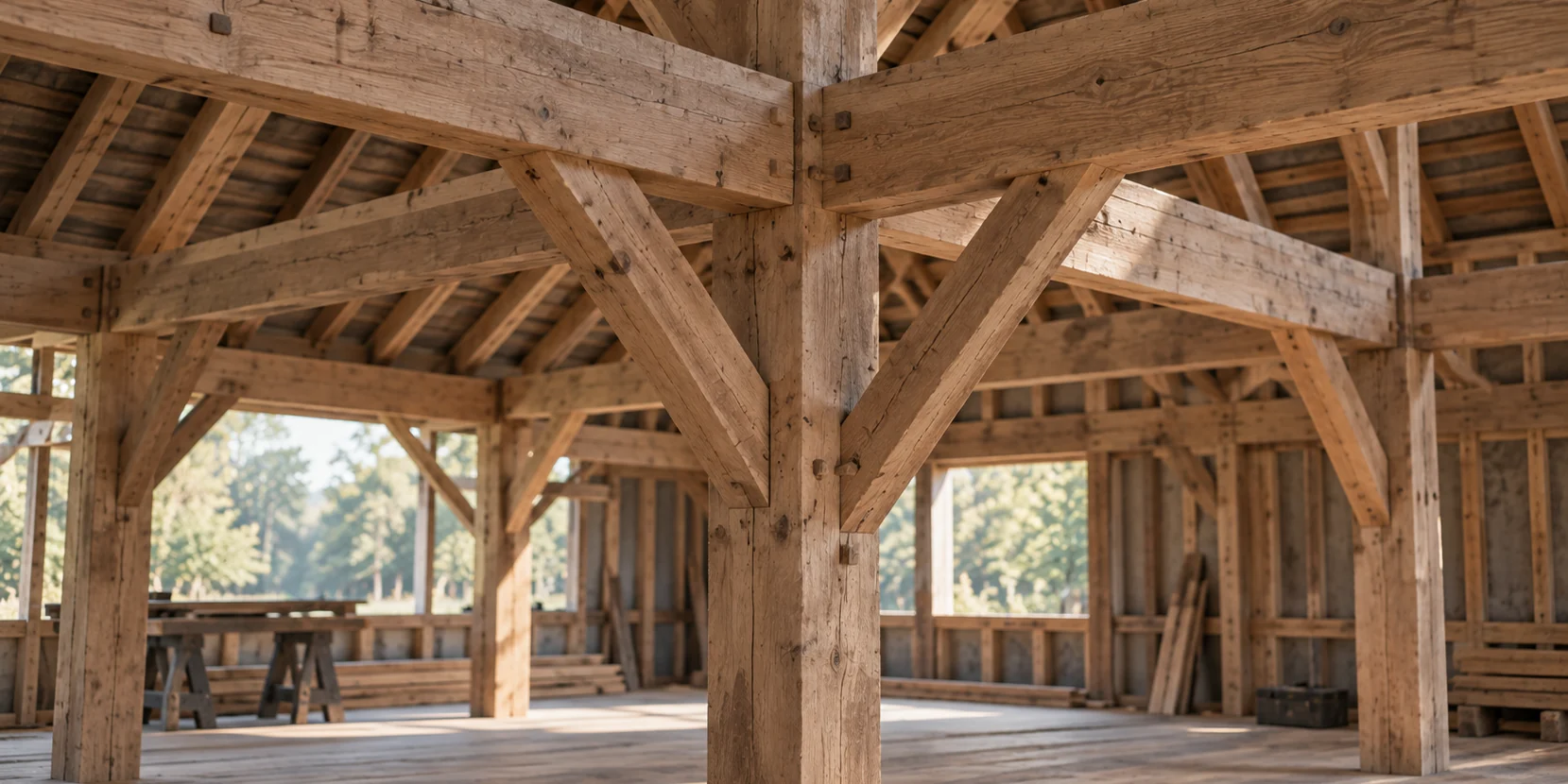 The inside of a timber frame barn under construction, heavy posts and roof trusses open to the trees on every side